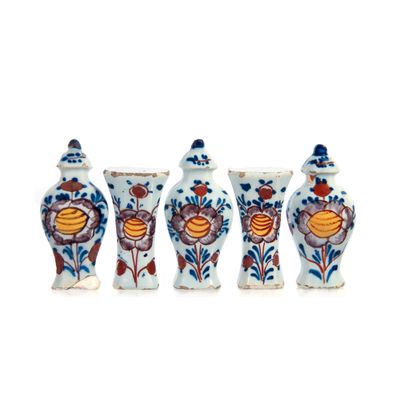 Miniature Garniture of Five Dutch Delft Polychrome Vases for in a Doll's House