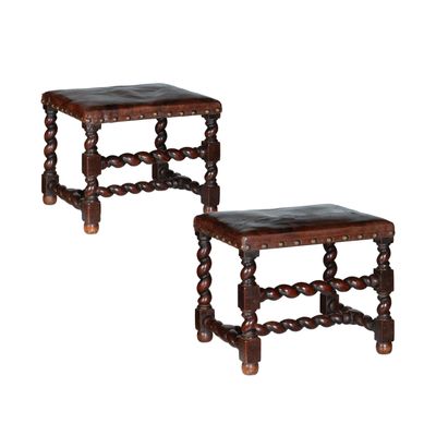 Fine Pair 17th Century Twist Baroque Walnut Stools with Leather Upholstering