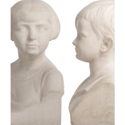 Art Deco Pair of Marble Busts of a Girl and Boy by B. Tedeschi