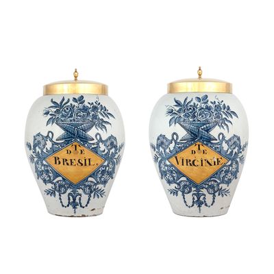 A Pair Blue and White with Yellow Tobaccojars in Dutch Delftware