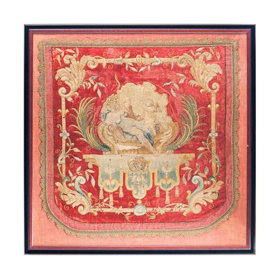 Louis XIV Geborduurd Paneel met Venus en Amor en Twee Wapenschilden