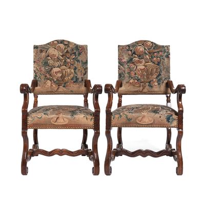 A Good Pair of Gobelin Upholstered Walnut Louis XIV Arm Chairs