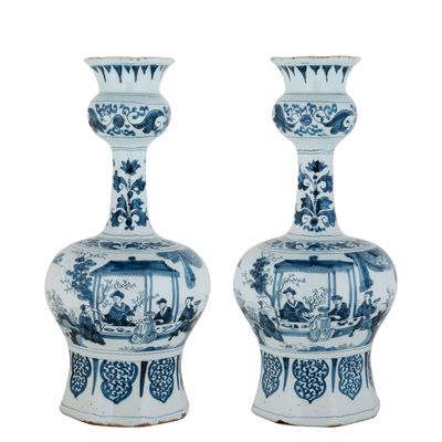 A Pair Blue and White Dutch Delft 'Knobbelvases'