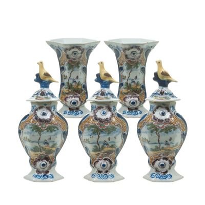 5-Delig Polychrome Klein Kaststel in Delfts Aardewerk