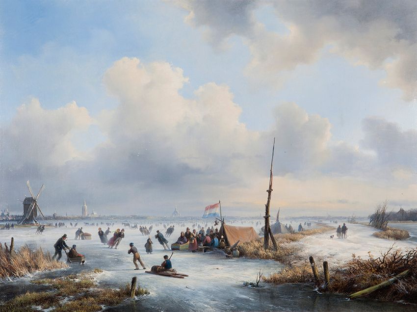 Winterlandschap met schaaters bij een koek en zopie
