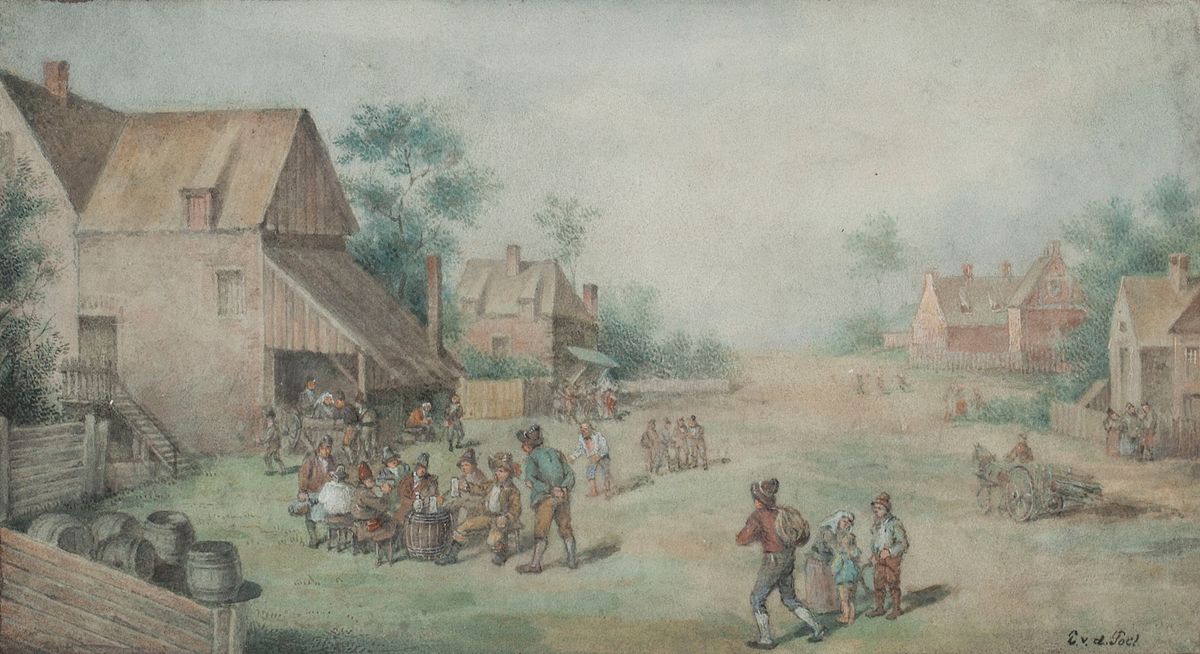 Dorpslandschap met drinkende boeren voor een herberg