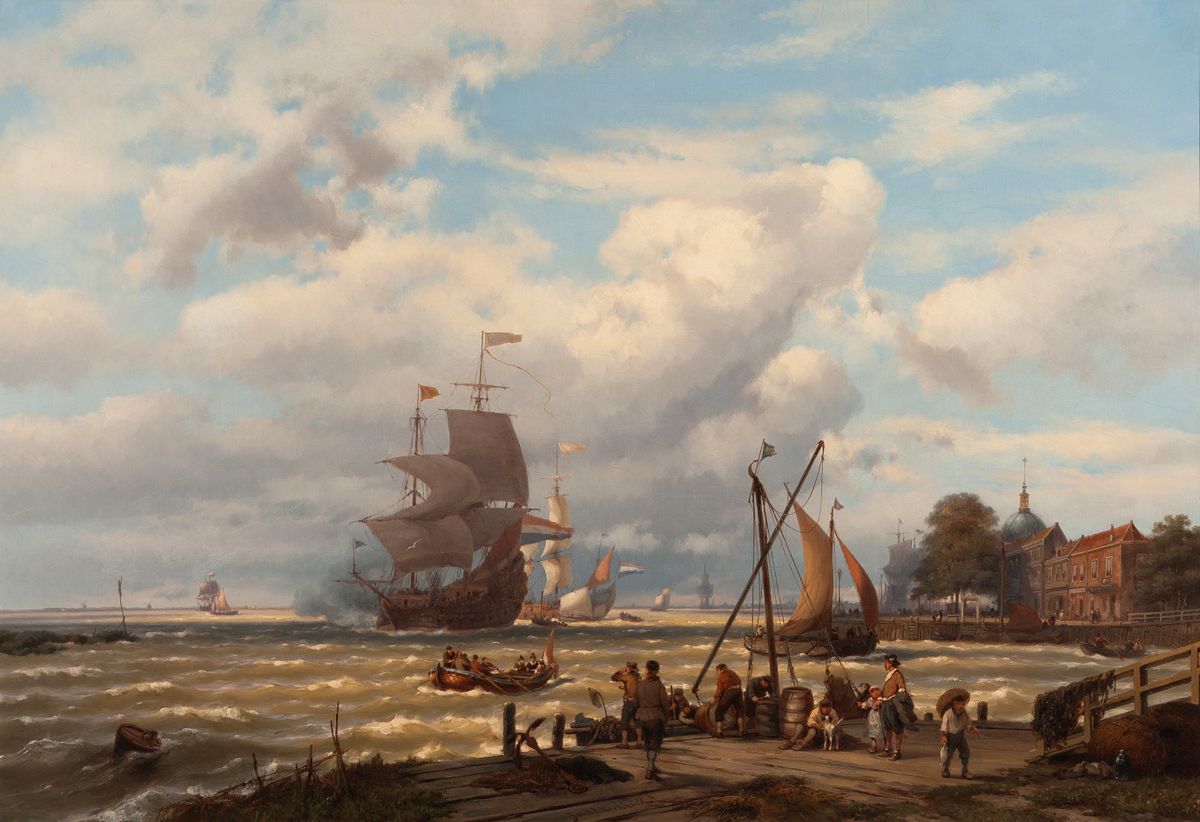 A V.O.C. merchant ship in the roads of Dordrecht