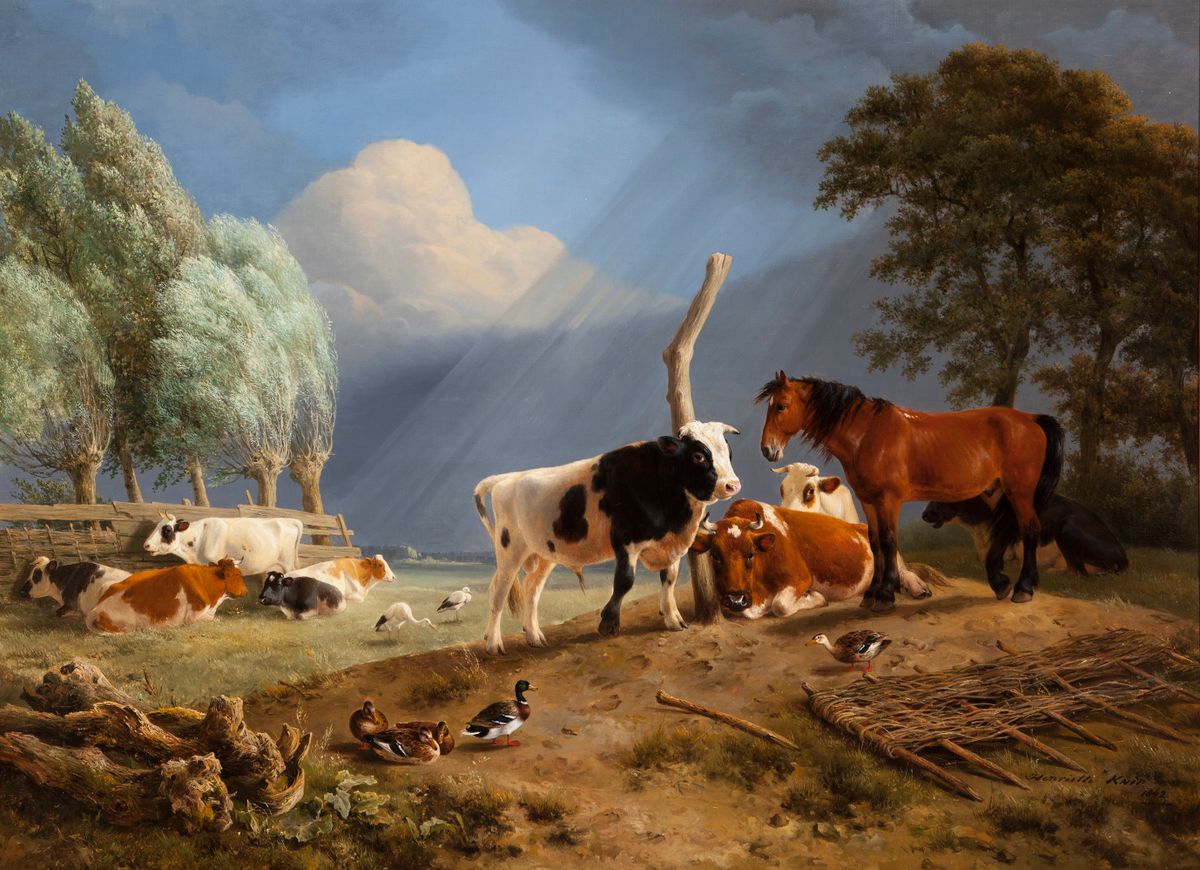 Landschap met paard, stier, koeien ooievaars en eenden onder dreigende onweerslucht
