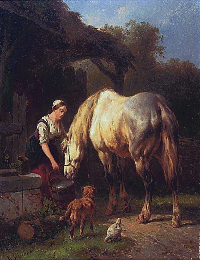Woman watering a horse