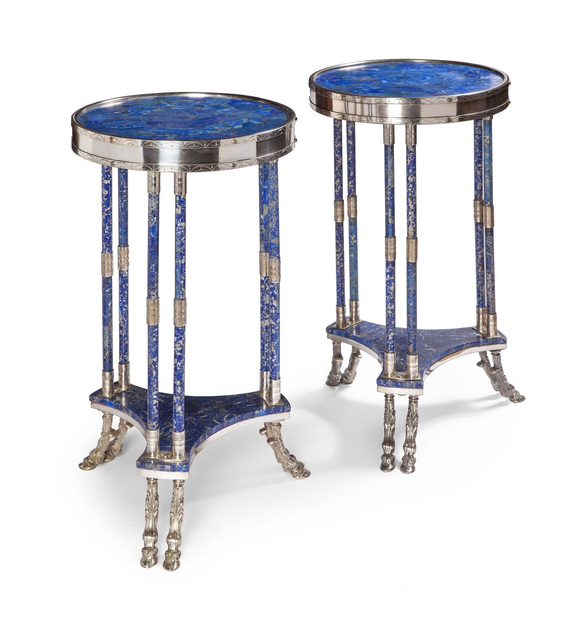 A pair of Louis Seize style Lapis Lazuli and silver plated gueridon tables