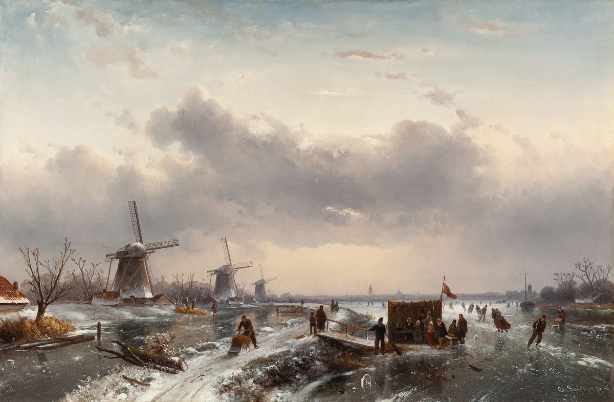 Dutch winterlanschap with three windmills and a koek-and-zopie - image 1