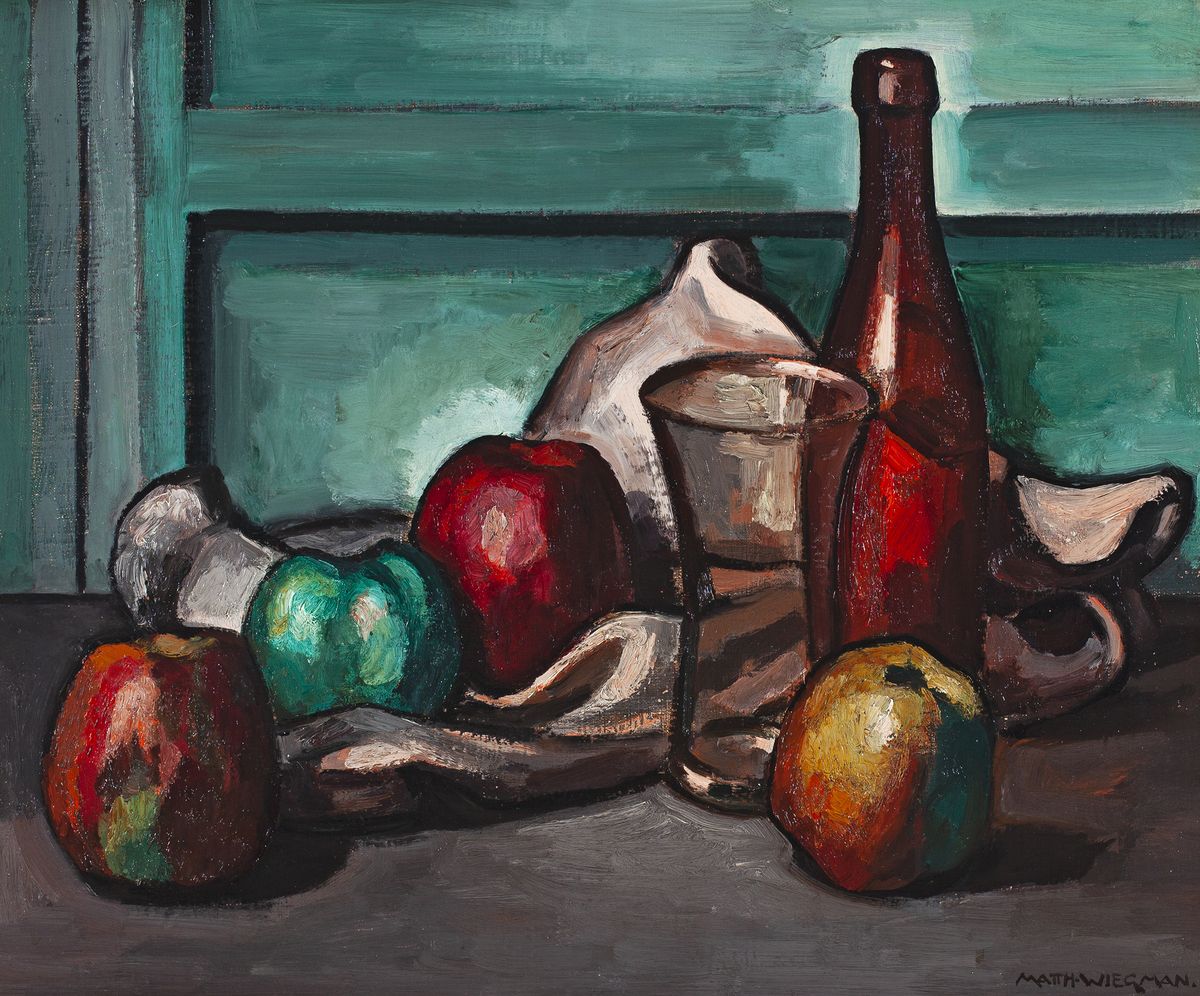 Still life with apples, glass and bottle