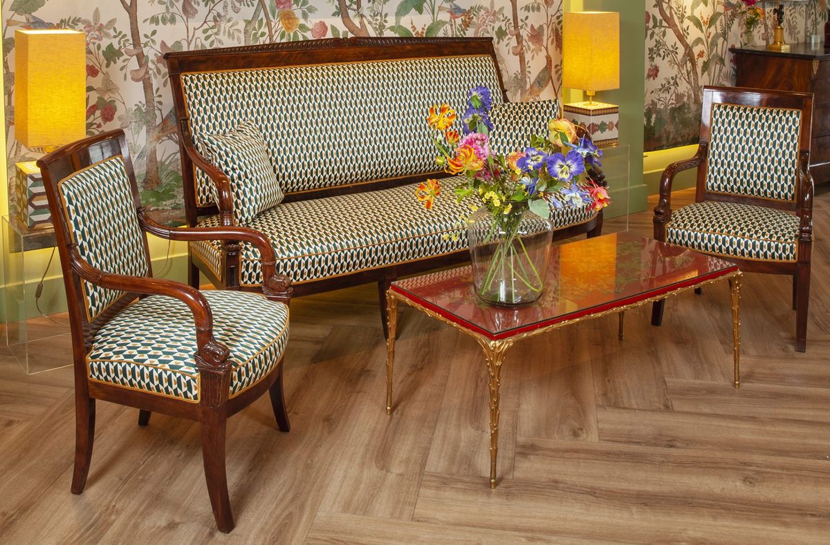 A FINELY CARVED MAHOGANY EMPIRE SOFA “AUX DAUPHINS” AND TWO FAUTEUILS - image 1