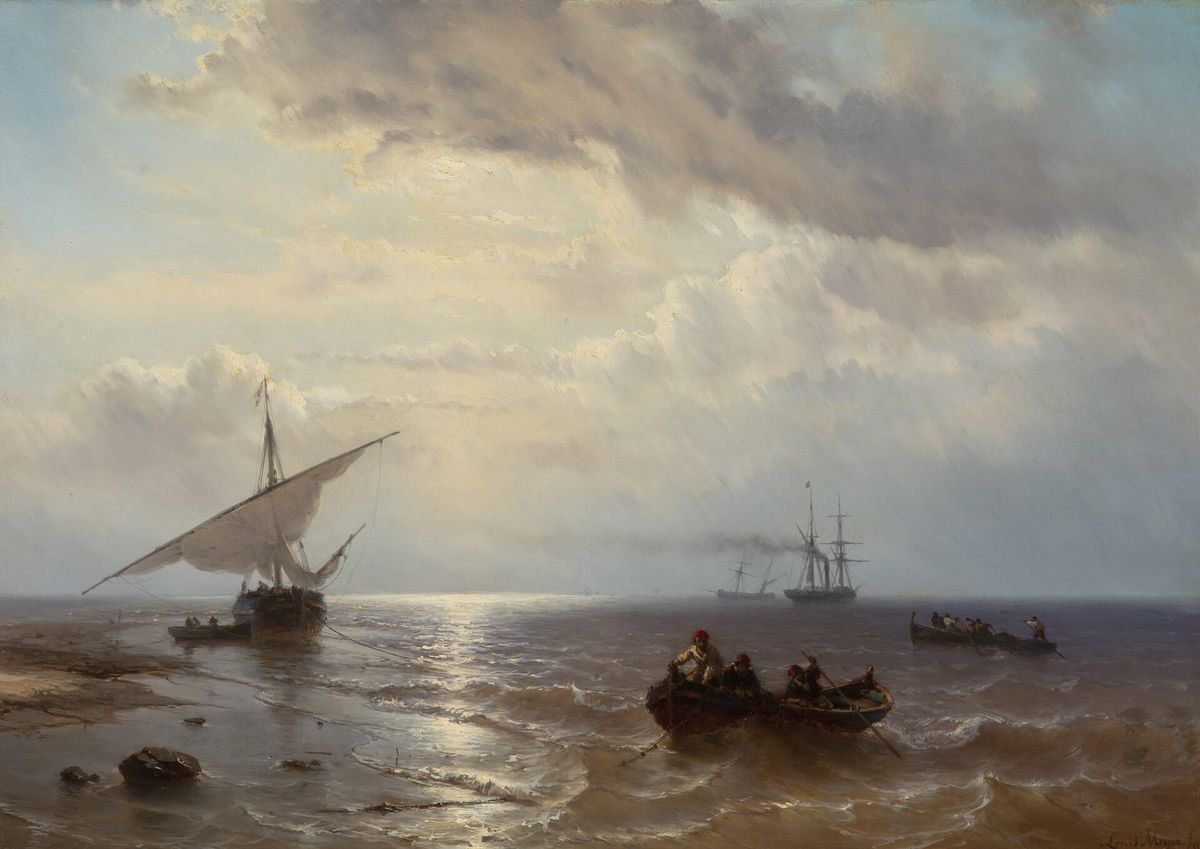 LOUIS JOHAN HENDRIK MEIJER (1809-1866) – SHIPS OFF THE COAST WITH FLAT BOTTOM WITH LOWERED SAILS ON THE LEFT (1858) - afbeelding 1