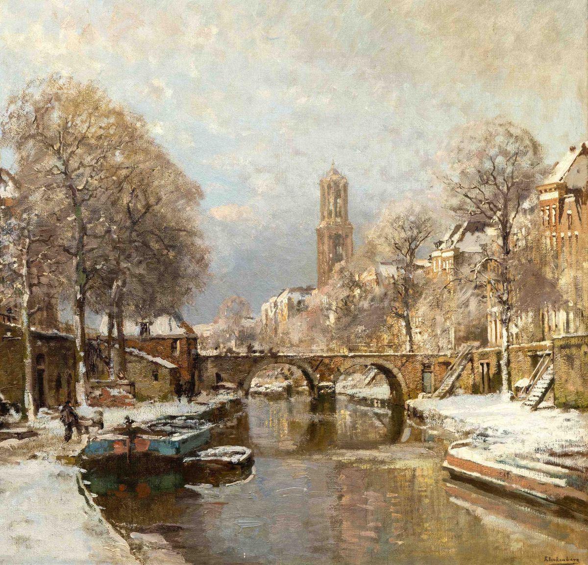 A winter view of the Oude Gracht in Utrecht with the Geertebrug, in the distance the Domtoren