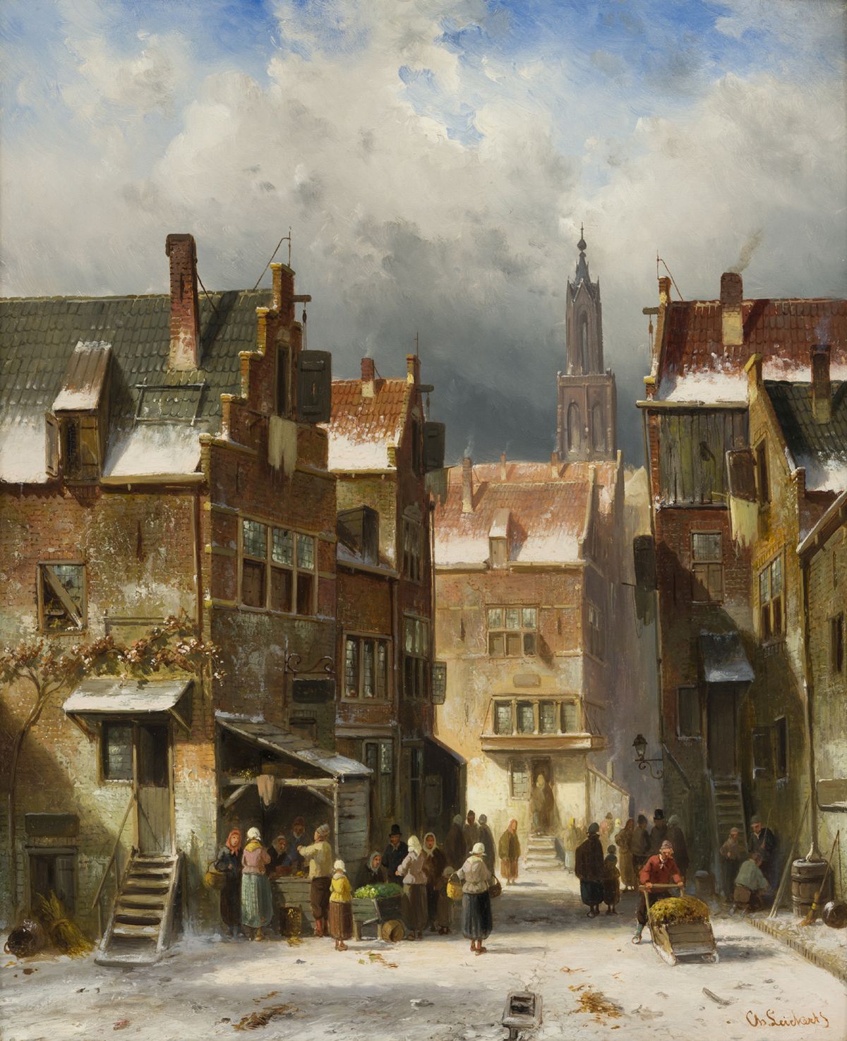 Dutch village view in winter with many figures - afbeelding 1