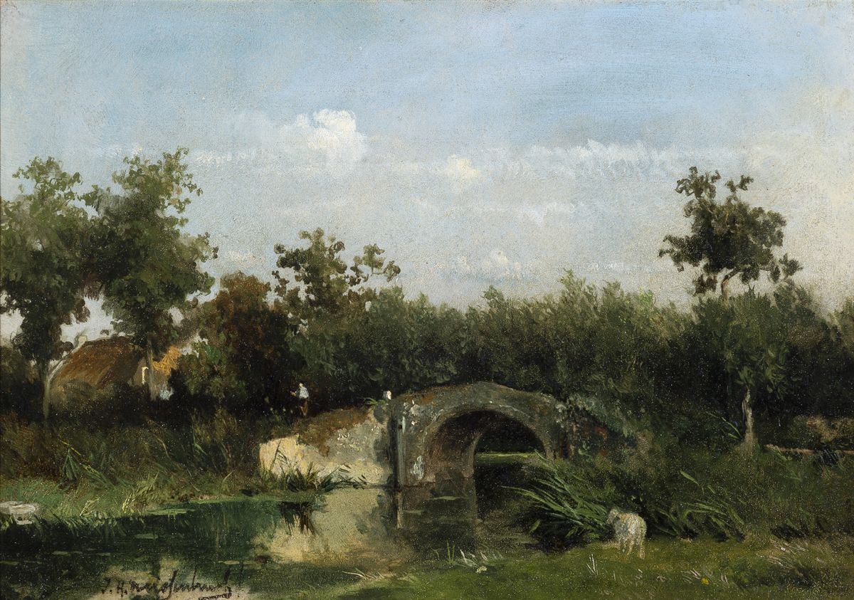 Johan Hendrik Weissenbruch (1824–1903) - Dutch landscape with stone bridge over river