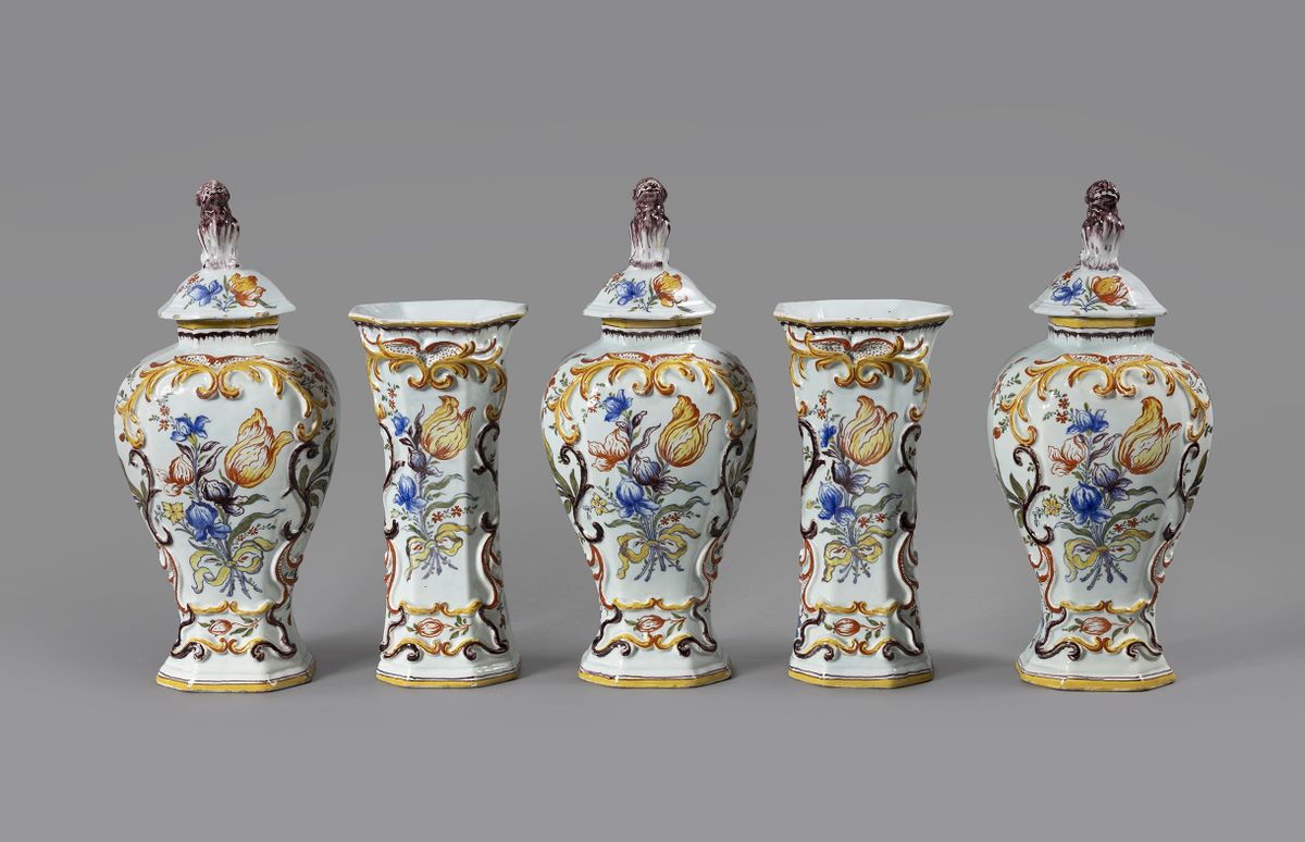 A Dutch Delft polychrome five-piece vase garniture decorated with Dutch tulips - image 1