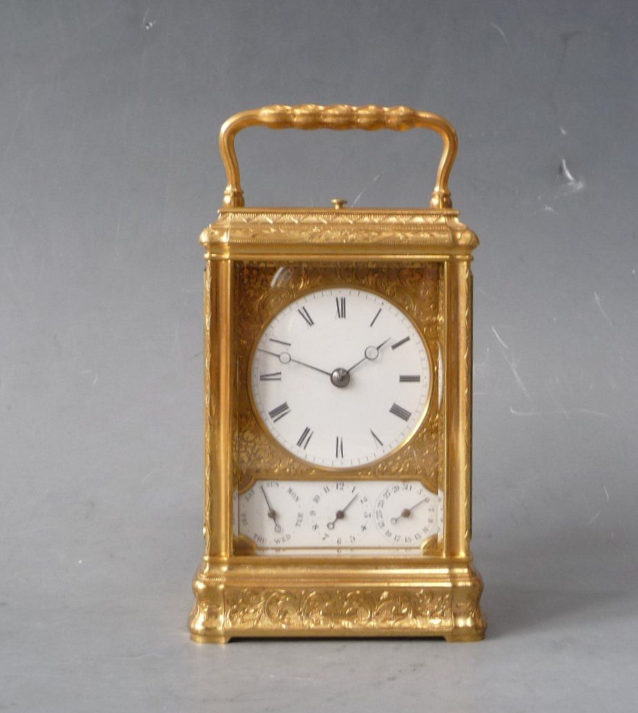 Een mooie gorge case  Franse reiswekker, Drocourt, 8 daags, kalender en wekker, gedateerd 1868. - afbeelding 1