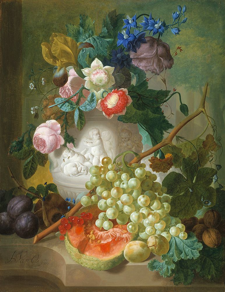 Stilleven met bloemen en vruchten