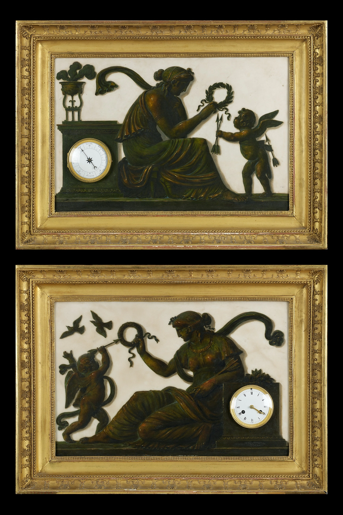Paar Empire Trompe l’Oeil-schilderingen met klok en barometer, Piat-Joseph Sauvage