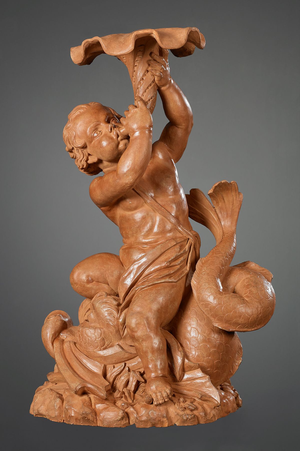 Vlaamse Terracotta sculptuur van Triton op een Dolfijn - afbeelding 1