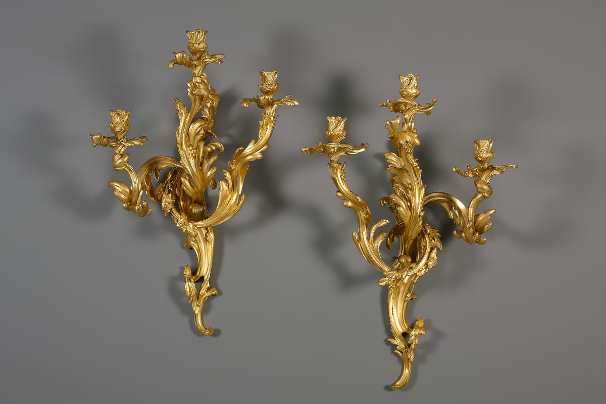 Pair of large three-light French Louis XV-style aplliques