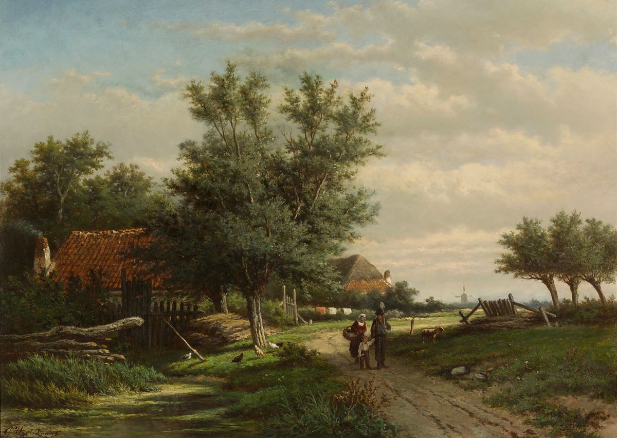Man, woman and child on a path near farmhouses