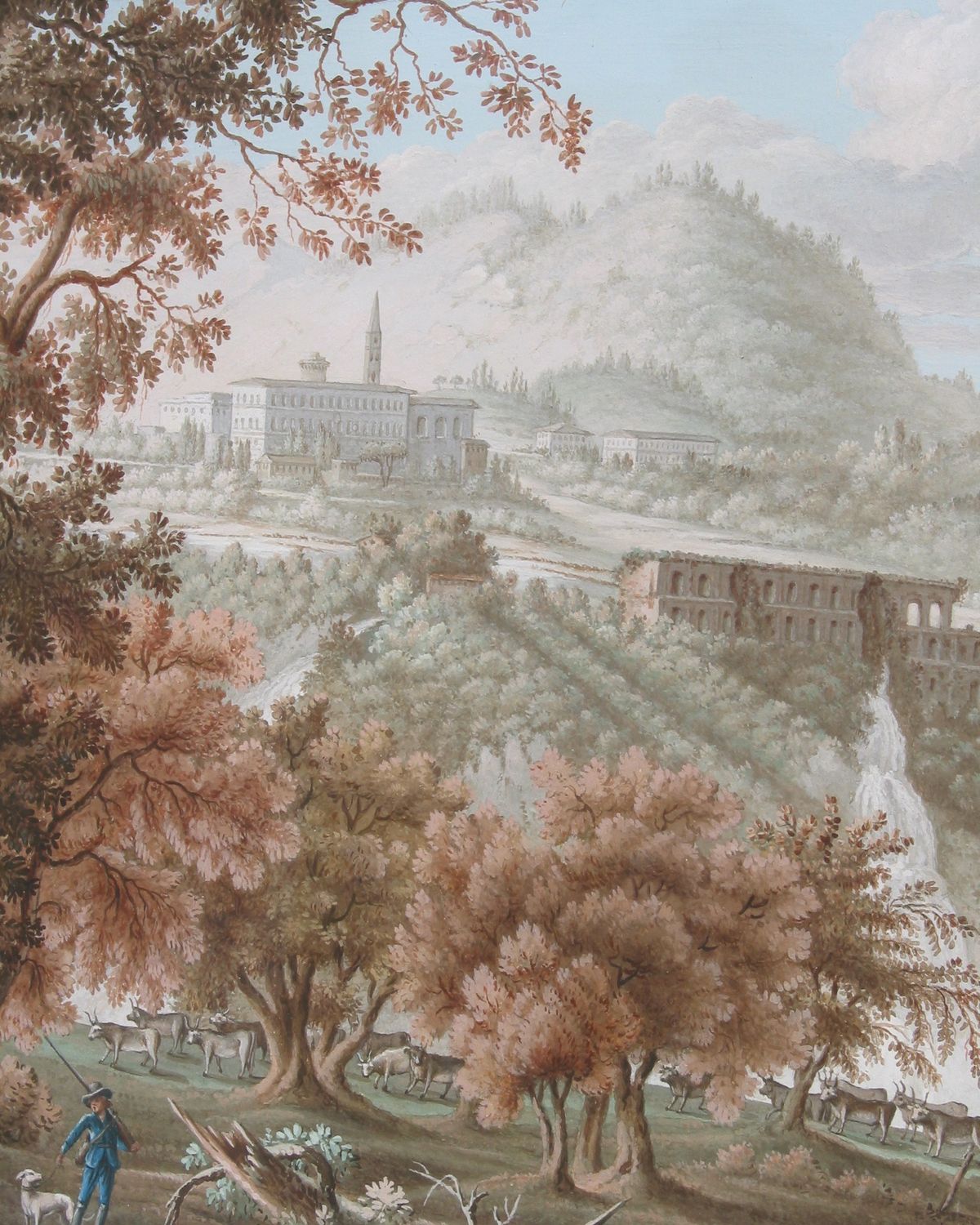Gouache 'Watervallen bij de Villa Mecenate in Tivoli' - afbeelding 1