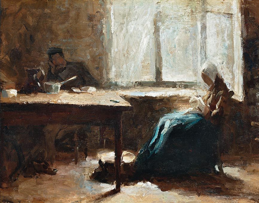 Interieur met man en vrouw aan tafel