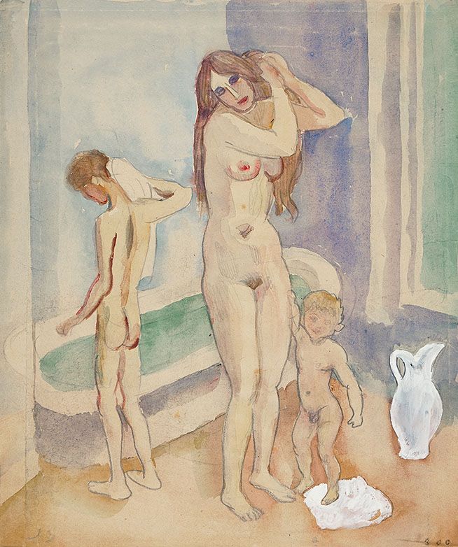 Mother with two kids in bathroom