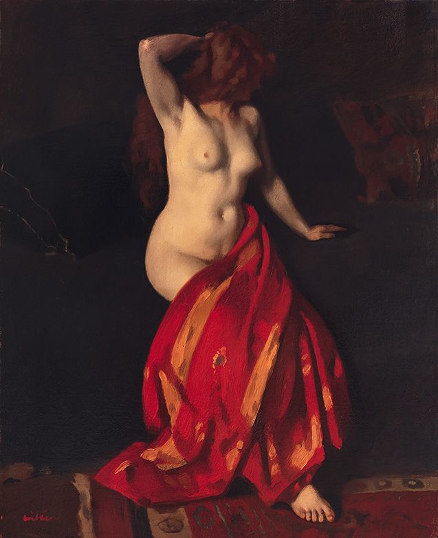 Nude sitting with a red cloth