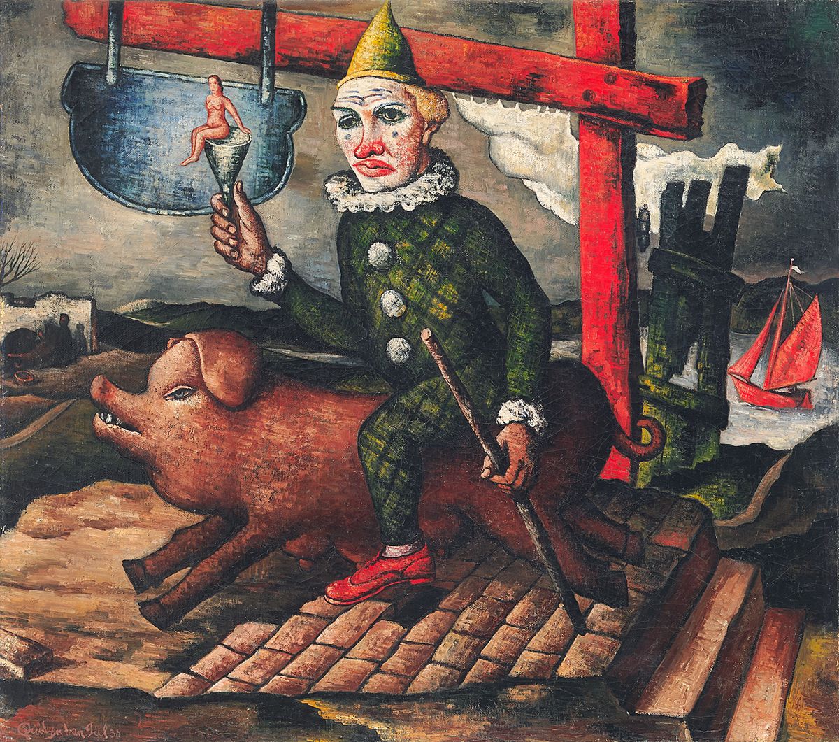 Clown on pig and sea