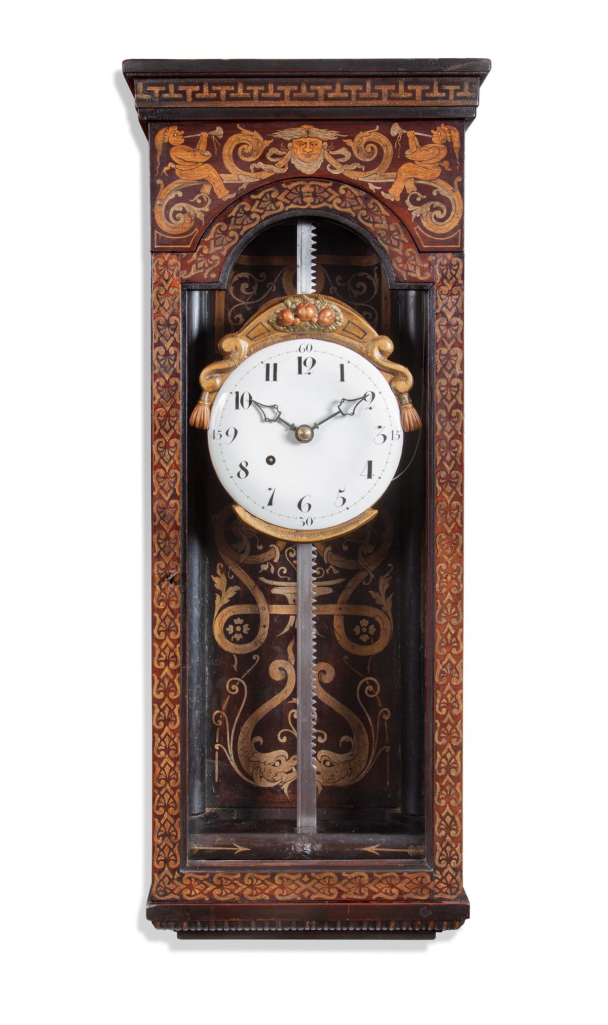 Een zeldzame en decoraieve Mid-Europese beschilderde houten zaagklok met slagwerk circa 1780 - afbeelding 1