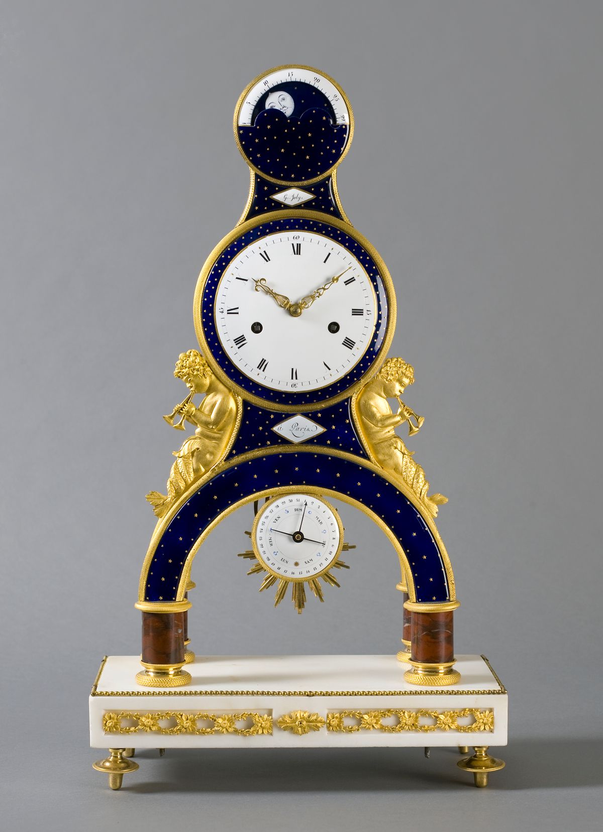 Een Franse Directoire vuurvergulde skeletpendule met email en kalender, Gaston Joly, circa 1795. - afbeelding 1