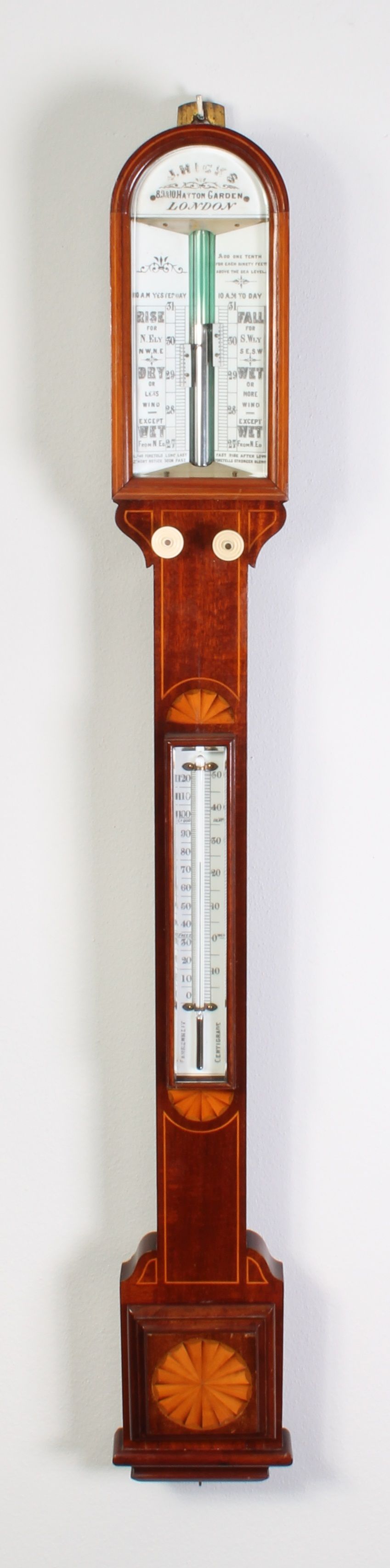 A good English mahogany marquetry inlaid stick barometer, J. Hicks London - image 1