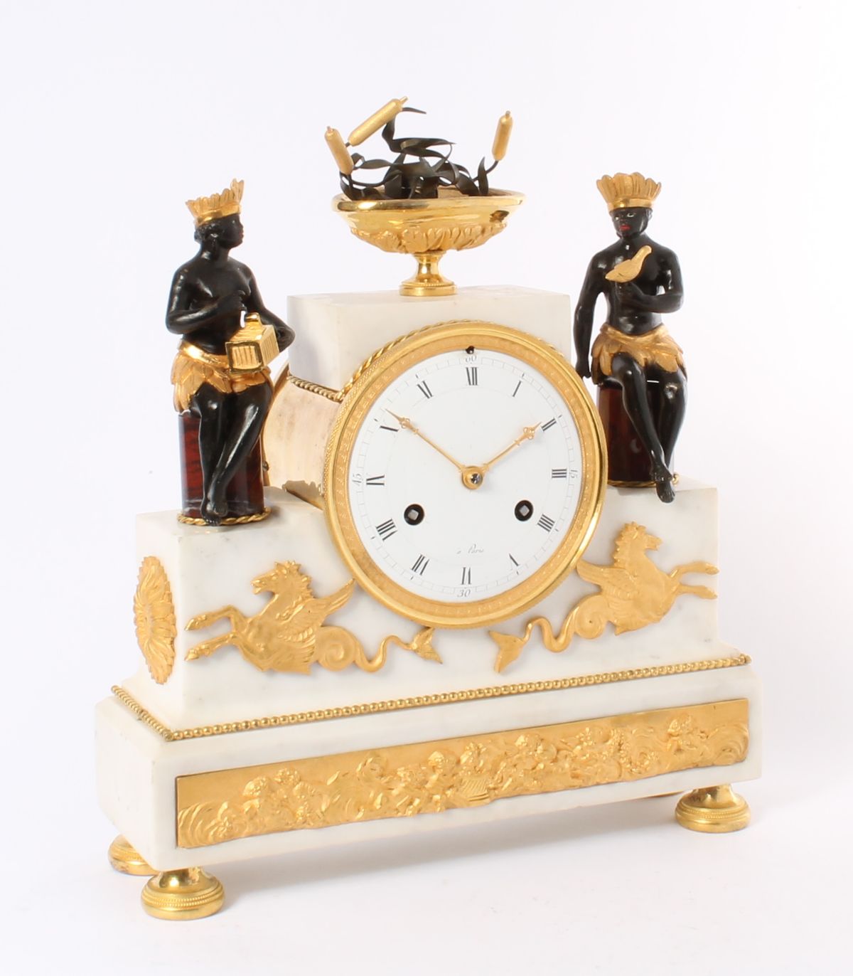 A rare French ‘Directoire’ marble and ormolu mounted ‘au bon Sauvage’ mantel clock, circa 1800 - image 1
