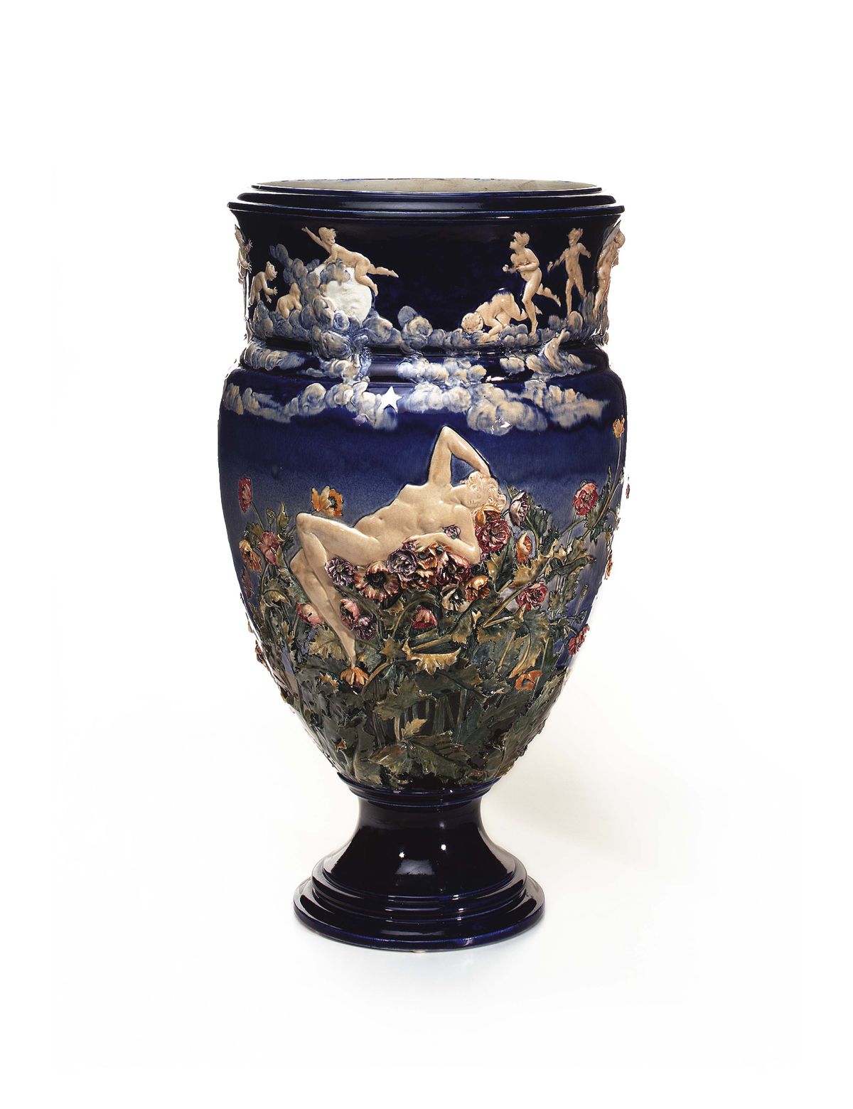 A monumental Choisy-le-Roi Maiolica vase modelled by Louis Carrier Belleuse, circa 1880