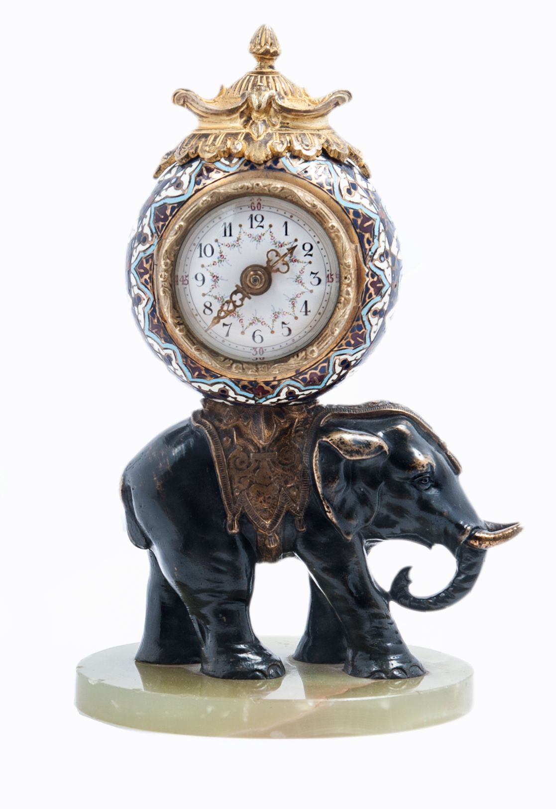 Cute miniature time piece pendulum of a bronze elephant carrying the movement  - image 1