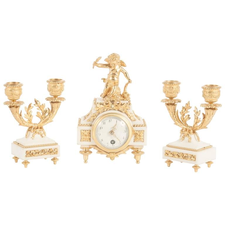Nice Decorative Miniature Three-Piece White Marble and Ormolu Clock Set - image 1