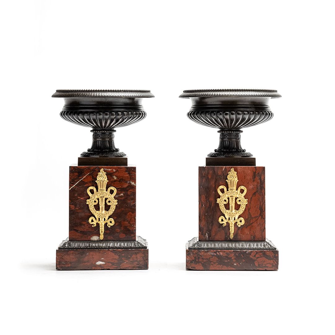 A very nice decorative empire pair of patinated bronze tazza's mounted on beautiful griotte bases - image 1