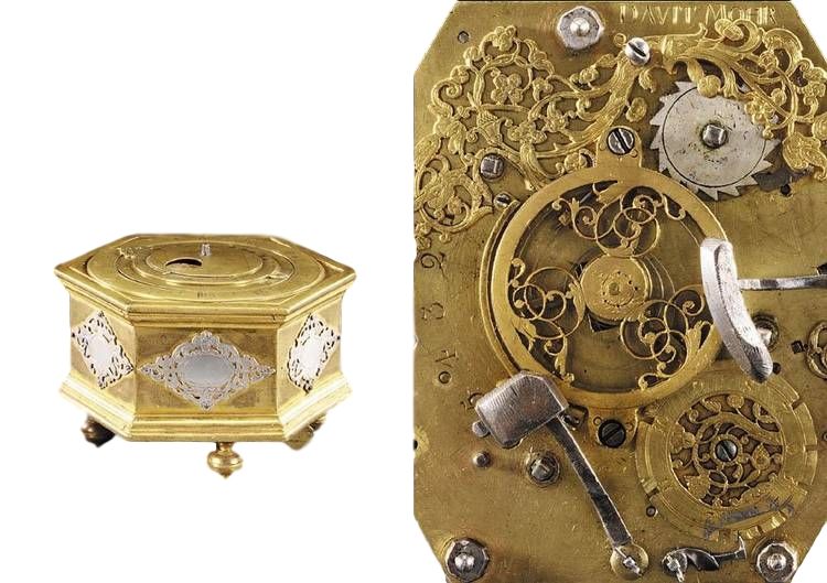T14 Gilt brass and silver mounted hexagonal table clock with moon phase and alarm. - image 1