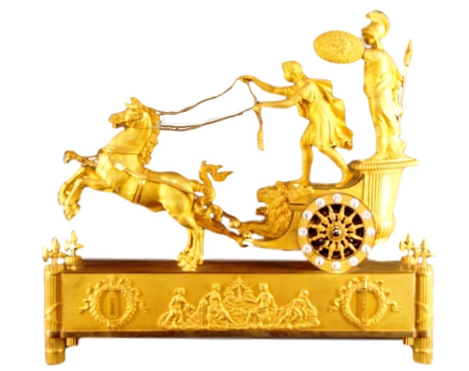 M01 French Ormolu Two Horse Chariot Clock, 'The Chariot of Telemachus'. - afbeelding 1
