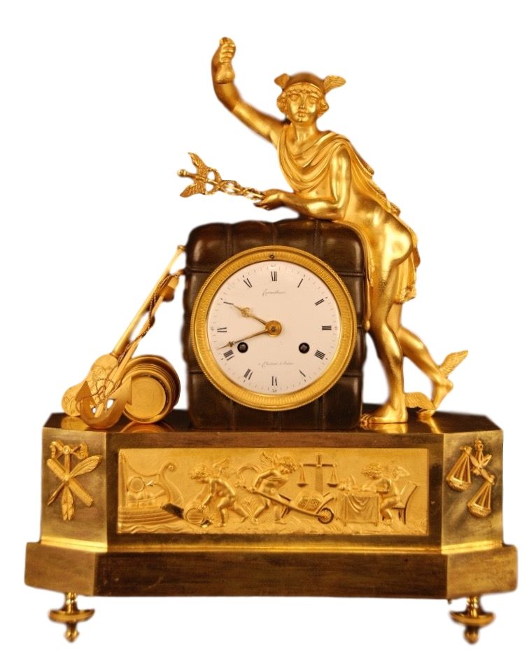 M73 French gilt bronze mantel clock, member of the 'Au bon Sauvage' familie, with a gilt statue of 'Mercury/Hermes' - image 1