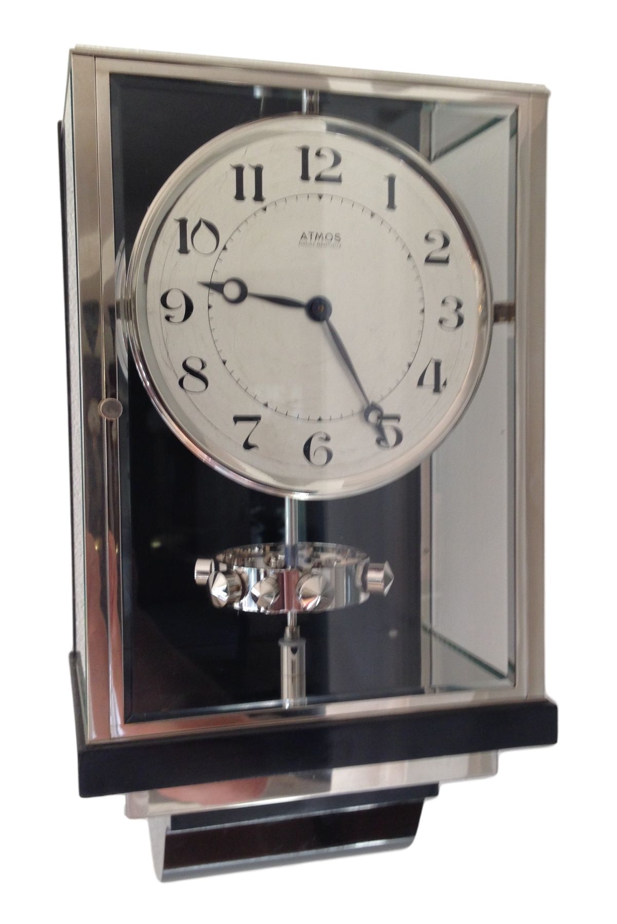 W39 Large Nickel Plated Art Deco J. L. Reutter Wall Hanging Three-Glass Atmos Clock. - image 1