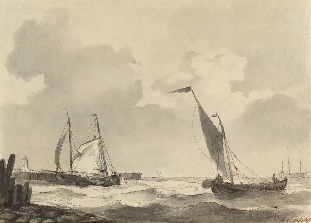 P45 Fishing boats near the shore - Signed l.r. J.C. Schotel - Pen in brown, ink in black/brown, and grey wash on paper on cardboard