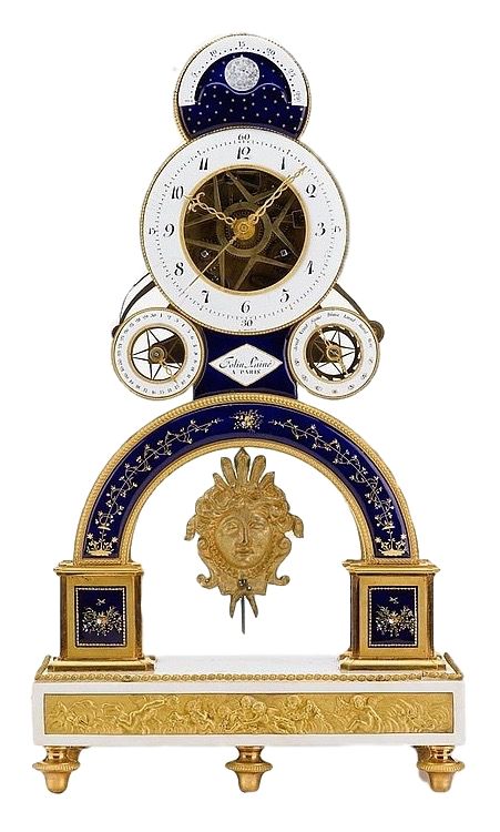 S20 Franse Directoire vuurvergulde en email skeletpendule met meerdere complicaties - afbeelding 1