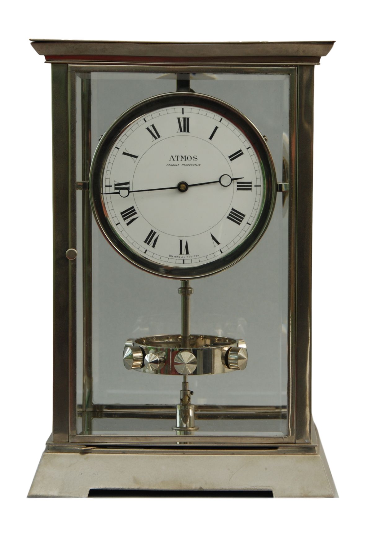 M204 Vernikkelde Art Deco stijl J.L. Reutter 4 zijdig verglaasde Atmos klok, in grote uitvoering. - afbeelding 1
