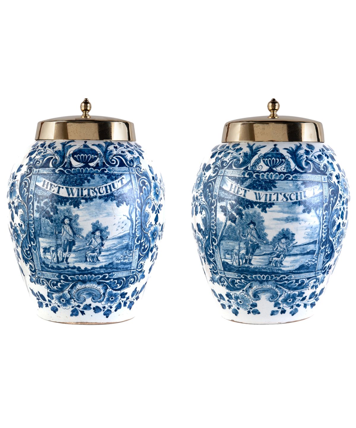 Set of Two Blue and White Tobacco Jars and Brass Covers with Inscription 'Het Wiltschut' - image 1
