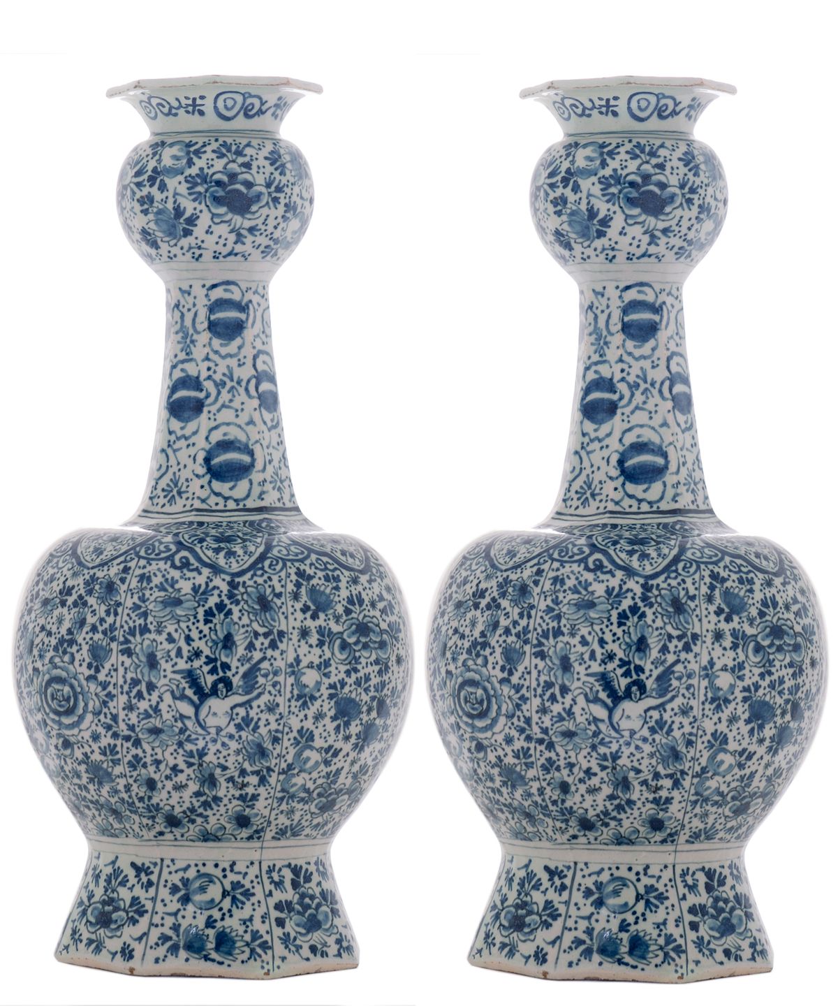 A Pair of Blue - White Knobbel Vases in Dutch Delftware